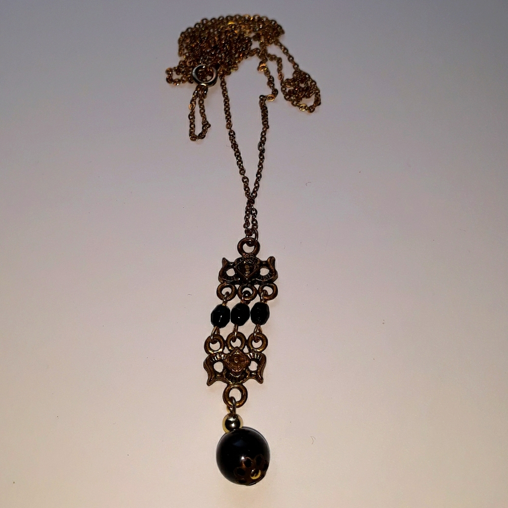 Handmade Black Bead And Gold Chain Necklace